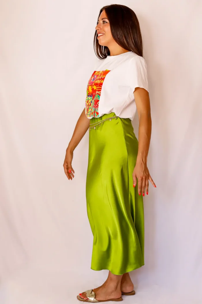Falda Midi Raso Verde Manzana - Imagen 5