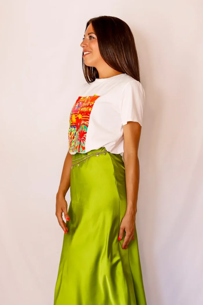 Falda Midi Raso Verde Manzana - Imagen 3
