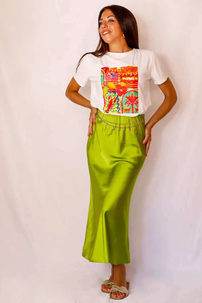 Falda Midi Raso Verde Manzana - Imagen 4