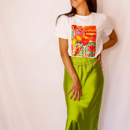 Falda Midi Raso Verde Manzana