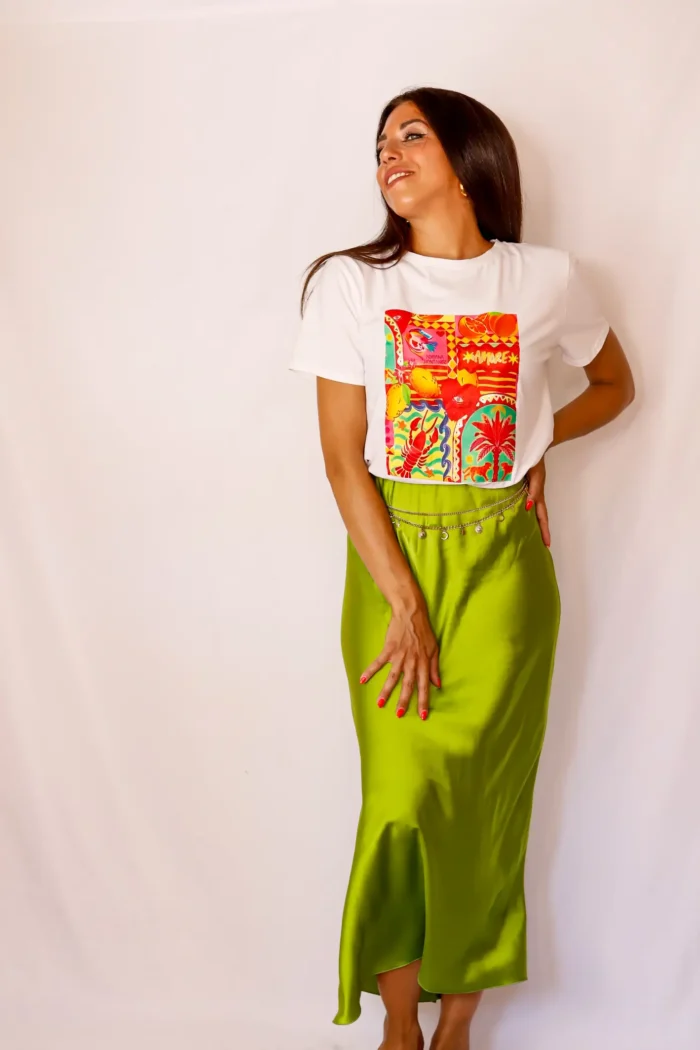 Falda Midi Raso Verde Manzana